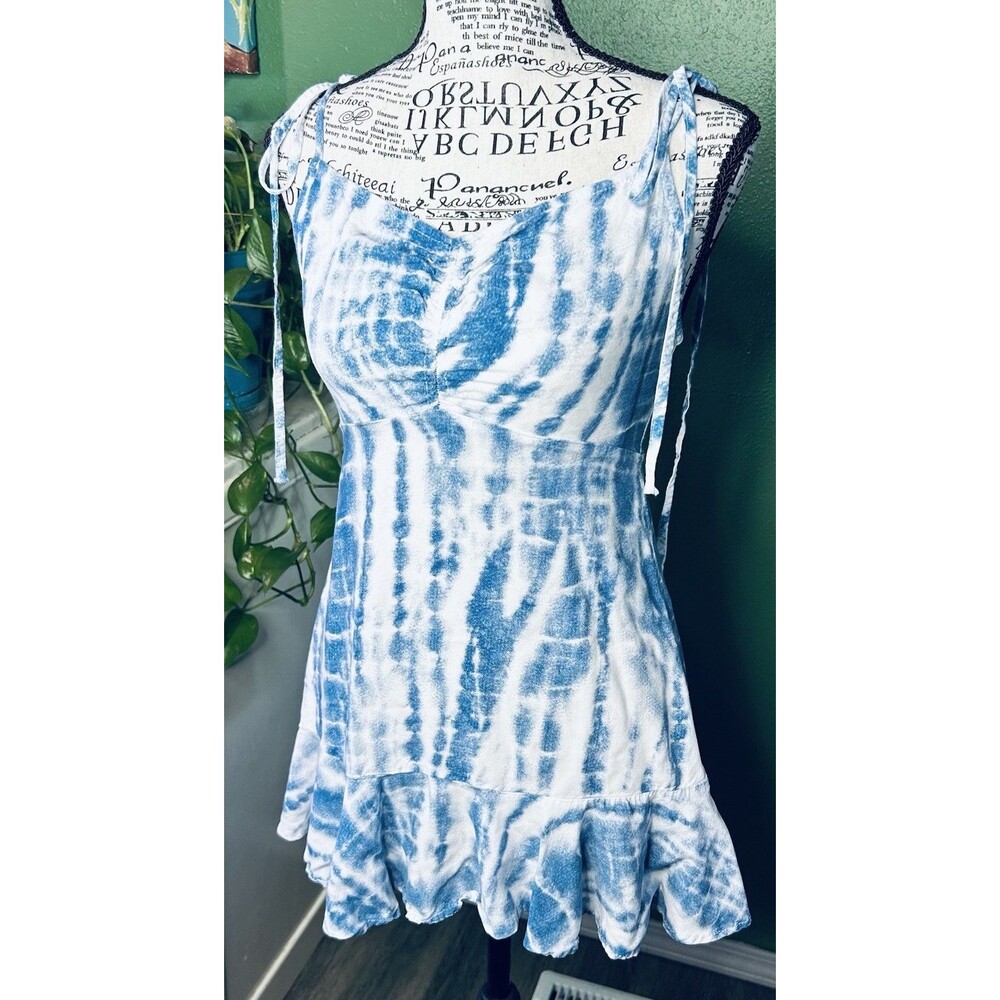 Blue/White Tie Dye Low Back Spaghetti Strap Tunic Tank Top Boho Fairy Coastal